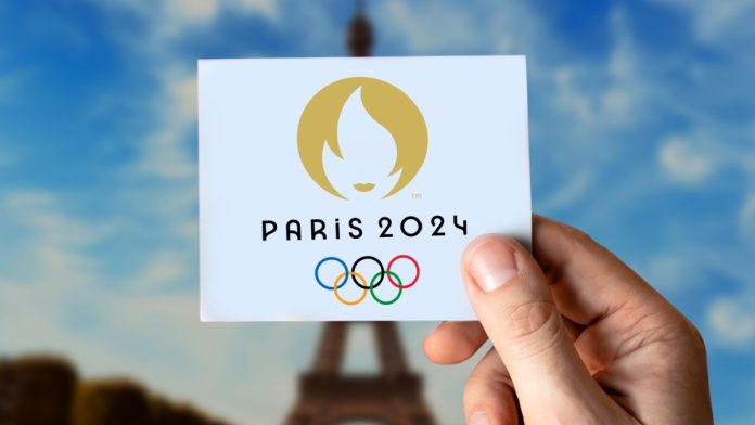 Paris 2024 logo with Eiffel Tower in background