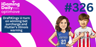 Ep 326: DraftKings U-turn on winning bet surcharge and Flutter’s Illinois warning iGaming Daily thumbnail featuring avatars of Jessica Welman and Charlie Horner